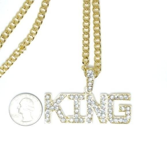 KING Men's Iced Out Gold Pendant + Necklace KING - Picture 4 of 5